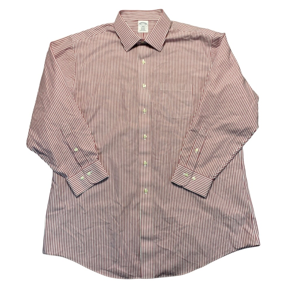 Brooks Brothers 1818 Regent Mens Shirt 17.5 2/3 Red White Stripe Non-Iron Cotton